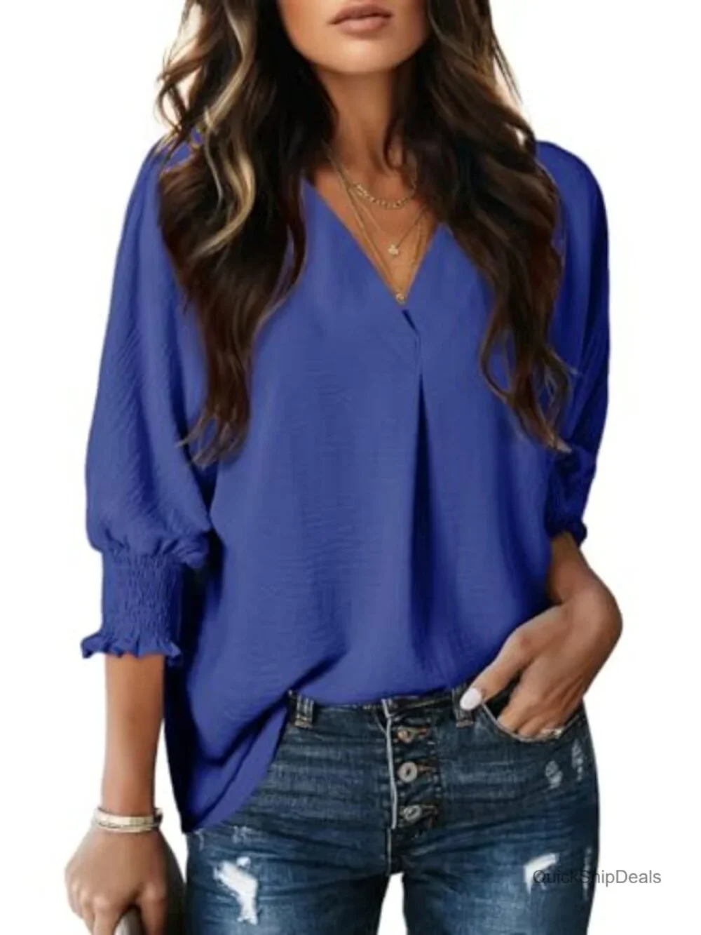 Dressy Casual 3/4 Sleeve Blouse Collared V Neck Button Down Top